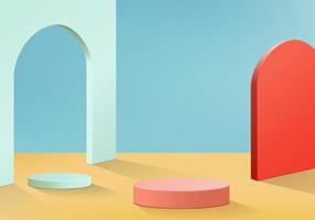 Cylinder abstract minimal scene with geometric platform. Summer background vector 3d rendering with podium. stand to show cosmetic products. Stage showcase on pedestal modern 3d studio blue pastel