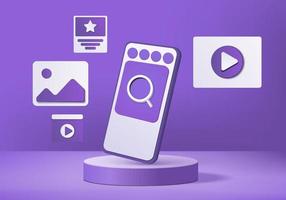 Vector mobile mockup 3d realistic, abstract minimal favourite icon with geometric smartphone device. Background vector 3d rendering with podium. Stage showcase modern 3d scene studio purple pastel