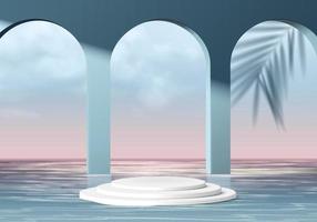 Cylinder abstract minimal scene with geometric platform. Summer background vector 3d rendering with podium. stand to show cosmetic products. Stage Showcase on pedestal modern 3d studio blue sky on sea