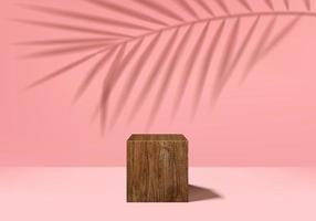 background studio vector Representación rosa 3d con podio de madera y una escena rosa mínima con hojas, fondo minimalista Representación 3d de hojas rosadas geométricas. escenario de madera para mostrar producto mínimo en estudio