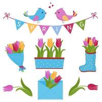 primavera con pájaros y tulipanes vector