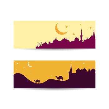 Muslim abstract greeting banners. Islamic vector illustration. Desert arabic landscape illustration with mosque islamic banner. islamic background banner.