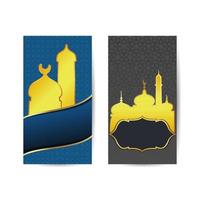 Ramadan Kareem greeting banners set design of vector mosque and lantern, crescent moon and twinkling star in night sky, calligraphy Arabian text for Muslim religious Ramadan Kareem holiday celebration. islamic background banner