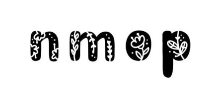 Vintage floral negrita logo nmop primavera. vectores de diseño de letras de verano clásico con color negro y flores dibujadas a mano con patrón monoline