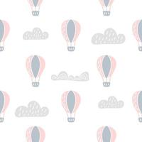 Vector scandinavian baby Seamless pattern of colorful air balloons and clouds isolated on white background. Simple kids illustration texture for nordic wallpaper, fills, web page background