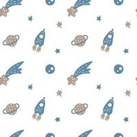 Vector flat space seamless pattern background. Cute color template with Astronaut, Spaceship, Rocket, Moon, Stars in Outer space