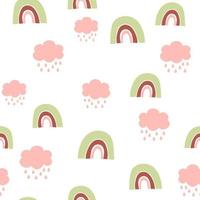 Kids hand drawn seamless pattern with colorful pastel rainbows and clouds. Summer background. Vector illustration. Print for baby design. Scandinavian style