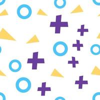 Flat vector texture of geometric colorful shapes. Geometric figures patter in modern hipster style. Abstract background with blue circles, lilac crosses and yellow triangles