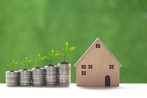 Plants growing on a stack of coins and a model house on a natural green background, interest rates and banking concept photo