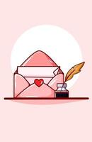 Kawaii love valentine letter in the envelope with dip pen cartoon illustration vector