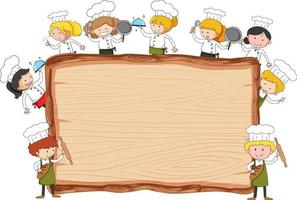 Empty wooden board with many little chefs theme isolated vector