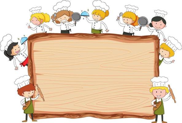 Empty wooden board with many little chefs theme isolated