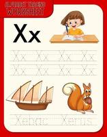 Alphabet tracing worksheet with letter X and x vector