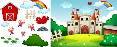 Castle in the forest scene with isolated cartoon character and objects vector