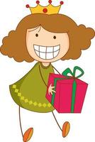 A doodle kid holding a gift box cartoon character isolated vector