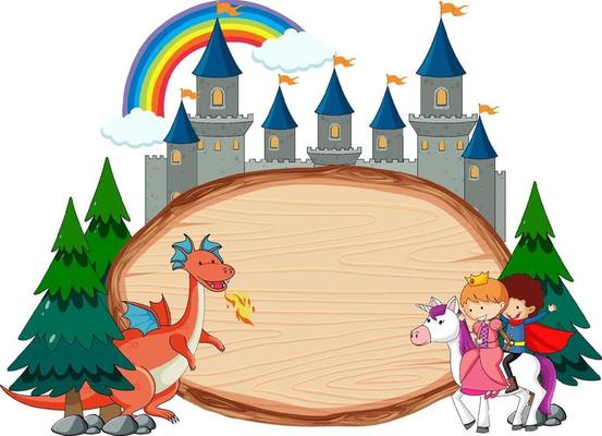 Blank wooden banner with fairy tale cartoon character and elements isolated