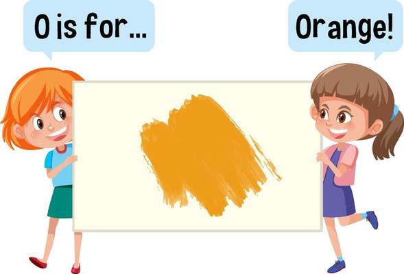 Cartoon character of two kids holding colour vocabulary banner