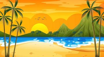 Escena de playa tropical con fondo de montaña al atardecer vector