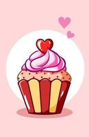 valentine cupcake with love on the top of cream, cartoon illustration