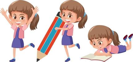 Set of a girl cartoon character doing different activities vector