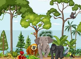 escena de la selva tropical con animales salvajes. vector