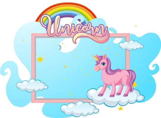 Empty banner with cute unicorn cartoon character on white background