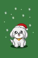 A white dog wearing christmas hat on green background vector