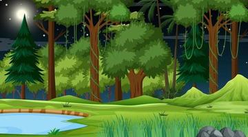 Forest nature scene with pond and many trees at night vector