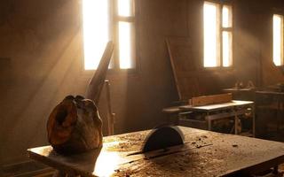 A circular saw blade in an empty wood cutting workshop photo