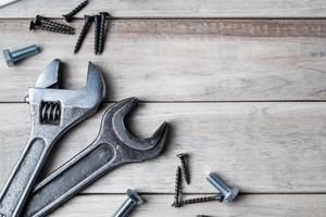 Work tools on a gray wooden background photo