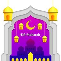 simple eid mubarak con mezquita y linterna vector