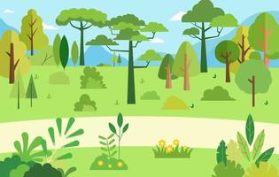 Escena rural con árbol natural.Ilustración vectorial.Hermoso paisaje natural de verano.Bosque con fondo de montaña y cielo.Jardín verde hierba con arbustos y árboles.Árboles y flores estilo plano. vector