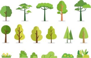 Trees and bushes set flat style vector illustration.Cartoon forest tree.Plant and flowers.Tree isolated background