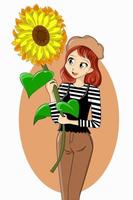 A beauty girl brings big sunflower vector