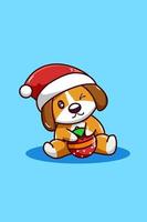 Brown dog with christmas ball wearing christmas hat illustration vector