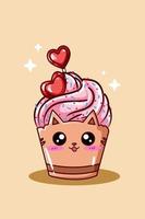 A cute pink ice cream cupcake cat with candy love vector