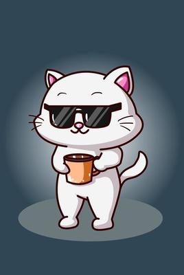 White cat wearing black glasses and carrying a coffee