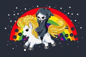 A cute skull on white gold unicorn with rainbow background vector