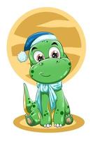 Un pequeño dinosaurio verde lindo con ilustración de vector de sombrero azul