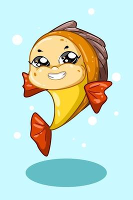 A laughing yellow red fish on blue background
