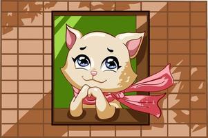 A beautiful cat wearing pink scarf in the window illustration vector