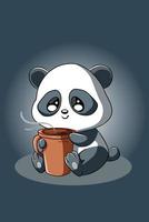 un pequeño panda con ilustración de café vector