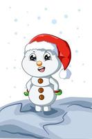 A small and cute baby snowman wearing Christmas hat in the winter night vector