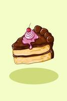 A slice of chocolate cake with cherries and cream vector