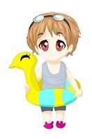 Anime child version chibi, yellow hair, red eyes, with swimming eyeglass and swimming ban vector