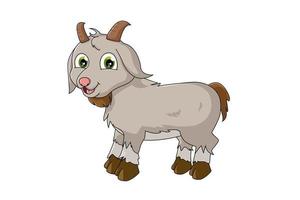 Una pequeña cabra feliz con ojos verdes, diseño de ilustración de vector de dibujos animados de animales