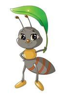 Cute little brown black ant is taking shelter under the green leave, design cartoon vector illustration