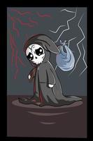 Sad skull under the night sky with thunder wearing black cloak vector