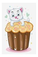 A cute small white cat on brown cupcake vector