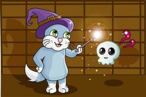 A blue cat using wizard hat doing an amazing magic for cute skull vector